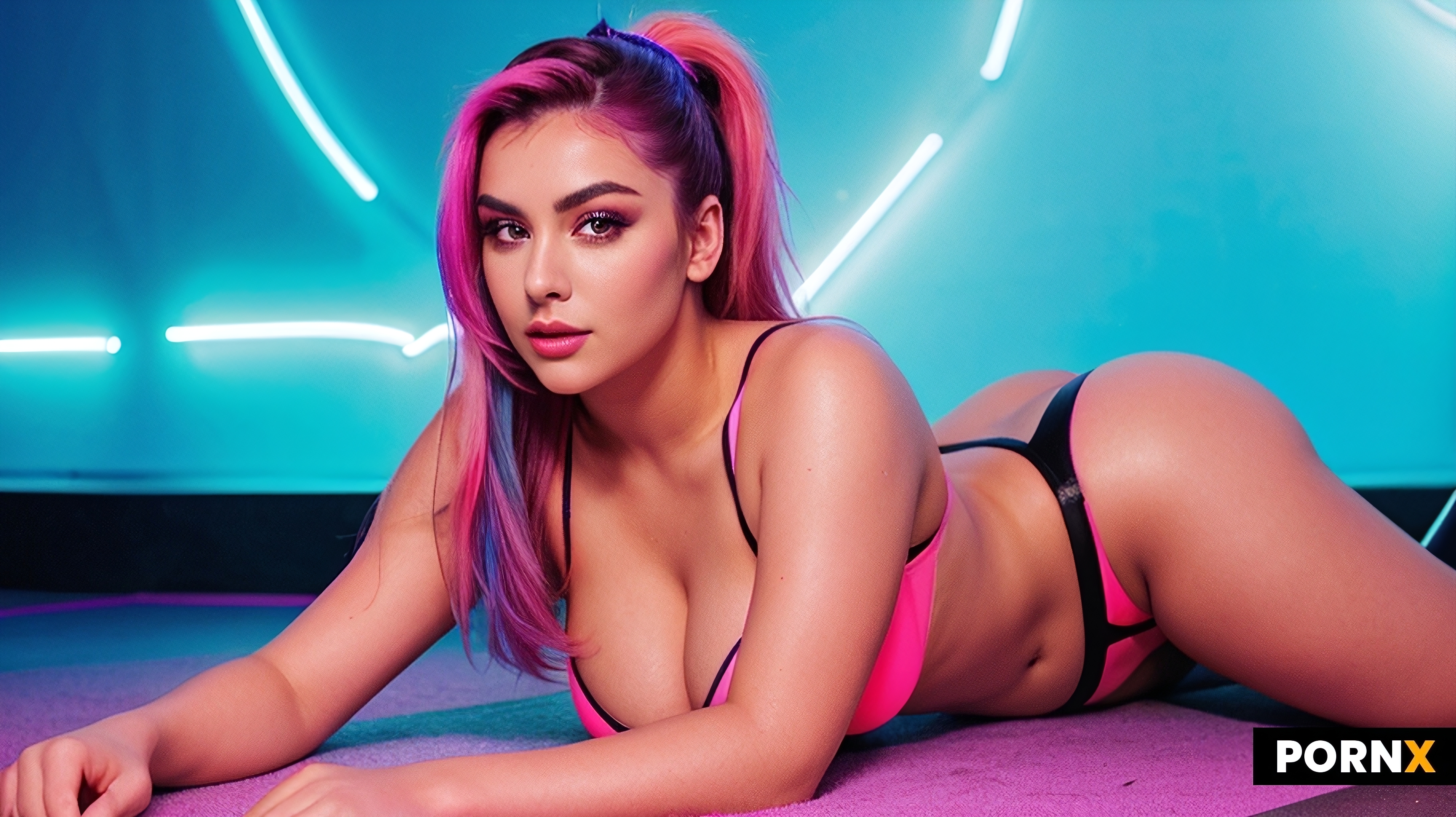 A hyper-stylized photorealistic woman lying on a dancefloor with vivid multicolor neon lights