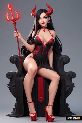 A demon/devil queen sitting on a carved stone throne