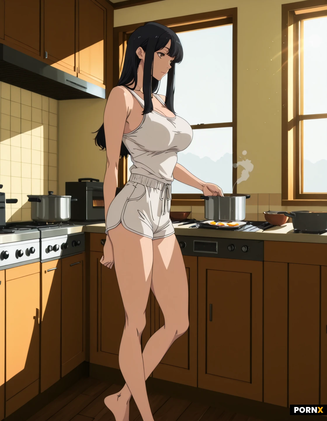 cooking breakfast, in the early morning, wearing a white tanktop and short cotton shorts, sunlight coming in from window, in the kitchen, full body view, short