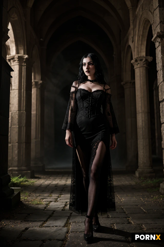 Prompt: A photorealistic cinematic shot of a gothic woman with striking pale skin, long jet-black hair, heavy black lipstick, and dark smoky eye makeup, walking through an ancient European church graveyard at night. She is wearing an elaborate, sheer black lace Victorian gown featuring a dramatic high leg slit. Moody atmosphere, thick rolling fog blanketing the wet cobblestones and weathered moss-covered stone crosses, crumbling gothic archways in the background. Illuminated by the ethereal, cold glow of a brilliant full moon casting dramatic chiaroscuro lighting and sharp shadows. High-end fashion photography, intricate fabric textures, hyper-detailed, 8k resolution, cinematic composition.