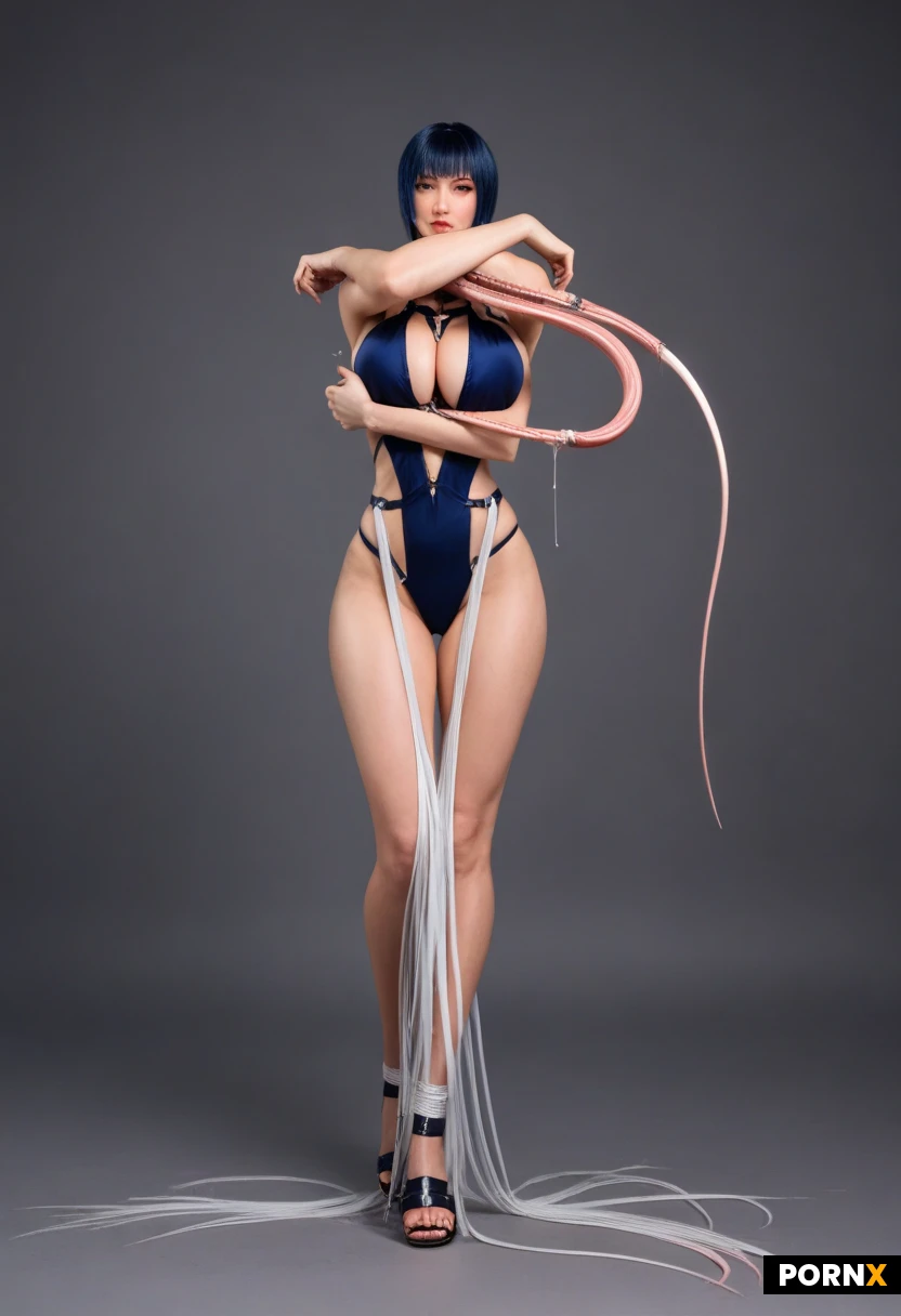 (Full body portrait, full-length shot, toes-to-head view) Full-body cinematic photograph of a slender woman with short light ice-blue hair, (((Her hair is a short ice-blue anime wolf_haircut, extreme shaggy layers, spiky and messy texture, choppy point-cut micro bangs, long razor-cut side strands hugging the cheeks, gravity-defying manga_hairstyle:1.3))). Her pale skin is heavily dappled in prominent freckles from shoulders to legs. Lactating Natural Huge breasts bigger than her head, pronounced intermammary cleft, large protruding rounded puffy erected nipples, blue full hairy pussy with a landing strip that reaches all the way up to her abdominals,eight pack,thin waist,thick muscular powerful long legs,She is wearing a glossy white futuristic cupless crotchless sci-fi breast harness inspired by mecha armor cupless with a dark grey trim and a small red gemstone accent in the center, paired with low-rise glossy bikini crotchless bottoms,glossy white futuristic leg harness along her thighs and toes,glossy white gladiator sandals. She is standing in a confident pose with both hands clasped behind her head, elbows out,red eyes,high cheekbones,lips lightly open, looking directly into the camera. The background is a huge Neo art deco window at night,
