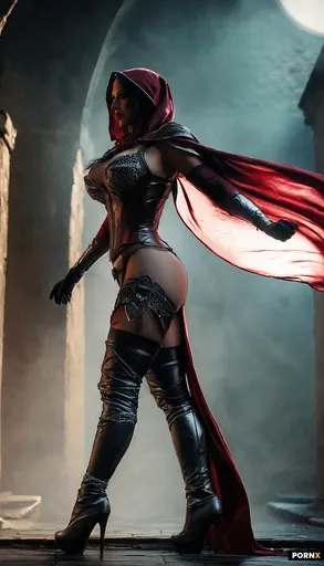 A slim and very busty adult fantasy rouge woman with slim firm fit ass in trousers