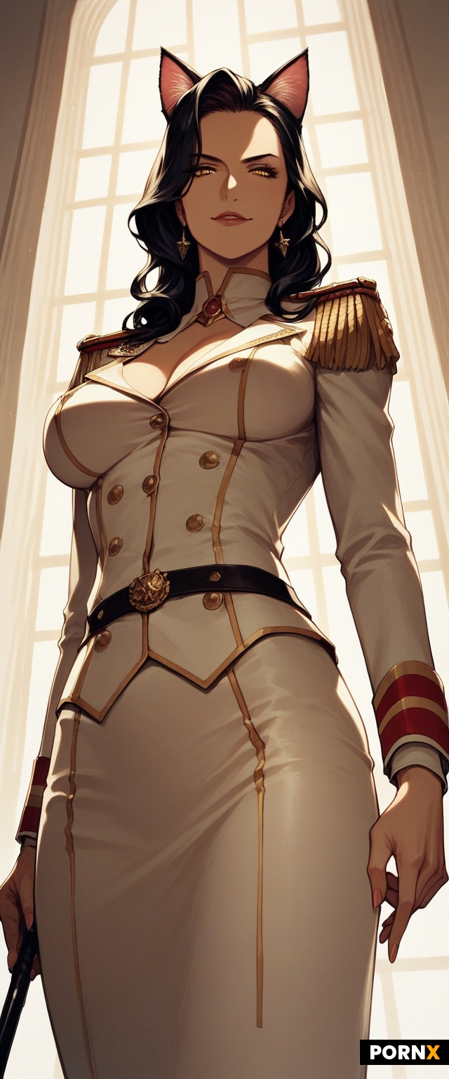 Confident anime-style woman with long black hair
