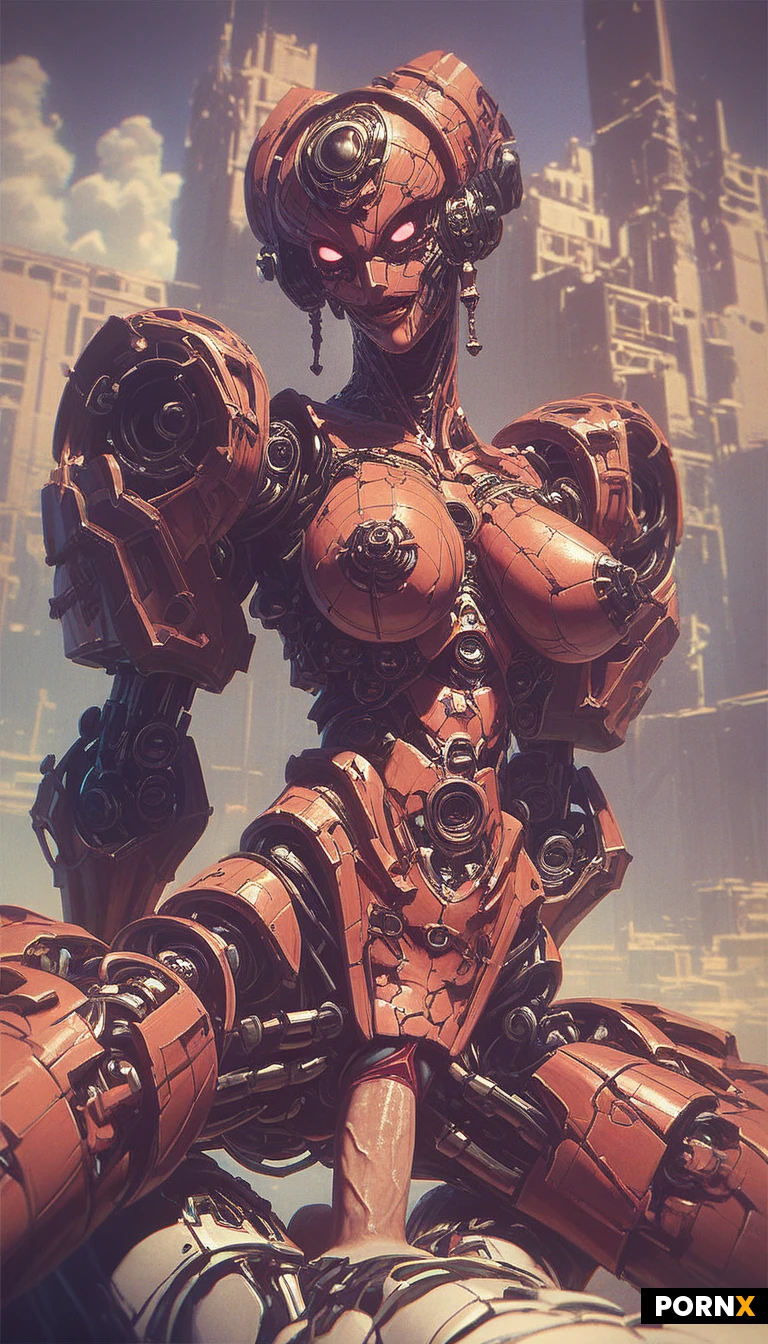 pretty robot, pretty face, mechanical ( artifical spider design), big metallic breast, random position, big penis from man, vaginal penetration, background, post apocalypse style, (detailed face, detailed eyes:1.2),