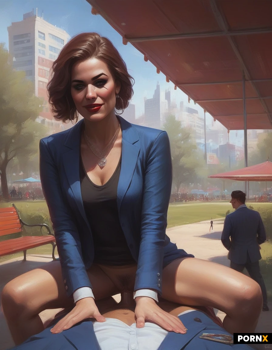 high definition, super realistic pretty woman, pretty face, look at viewer, necklace, earring, red lip, makeup, (Black fitted long-sleeve shirt :1.3), structured light blue blazer, cowgirl position, vaginal penetration, mans long thick penis, background, public park, lawn, bench, playground, people in distance, detailed face, detailed eyes, pov view, low angle view,