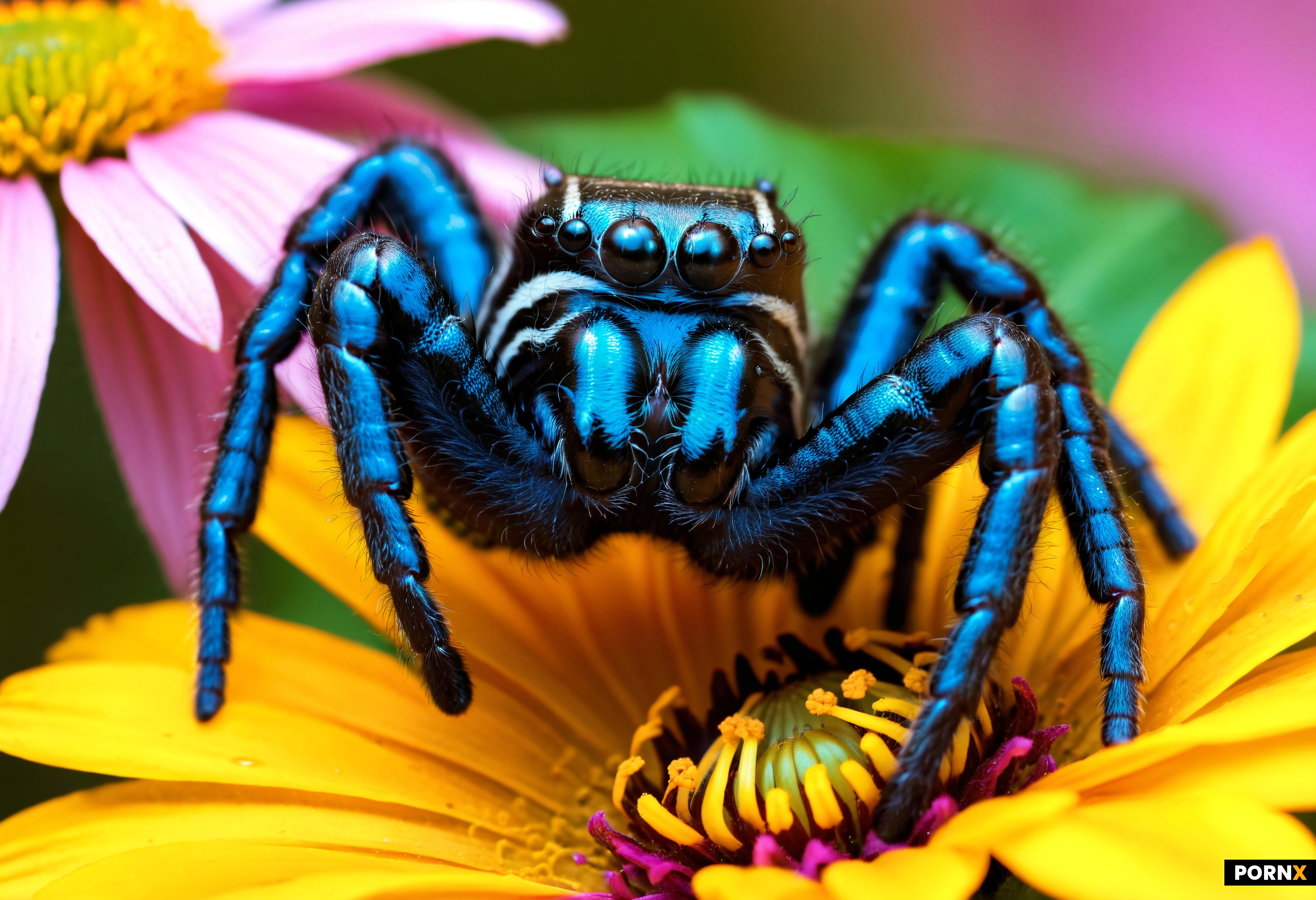 Close-up macro photography of a jumping spider on a colorful flower