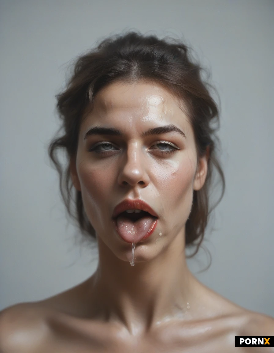 Extreme close-up of a woman in her early twenties in full ahegao after rough anal: eyes rolled back, tongue lolling out, drool down her chin, hair destroyed, red cheeks, sweat on her forehead. Hard ring flash, neutral backdrop, hyperrealistic.