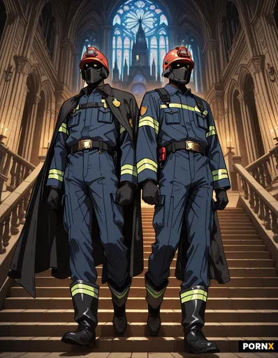Youthful hands black man with slim physique wearing FDNY firefighter uniform laying on his back with