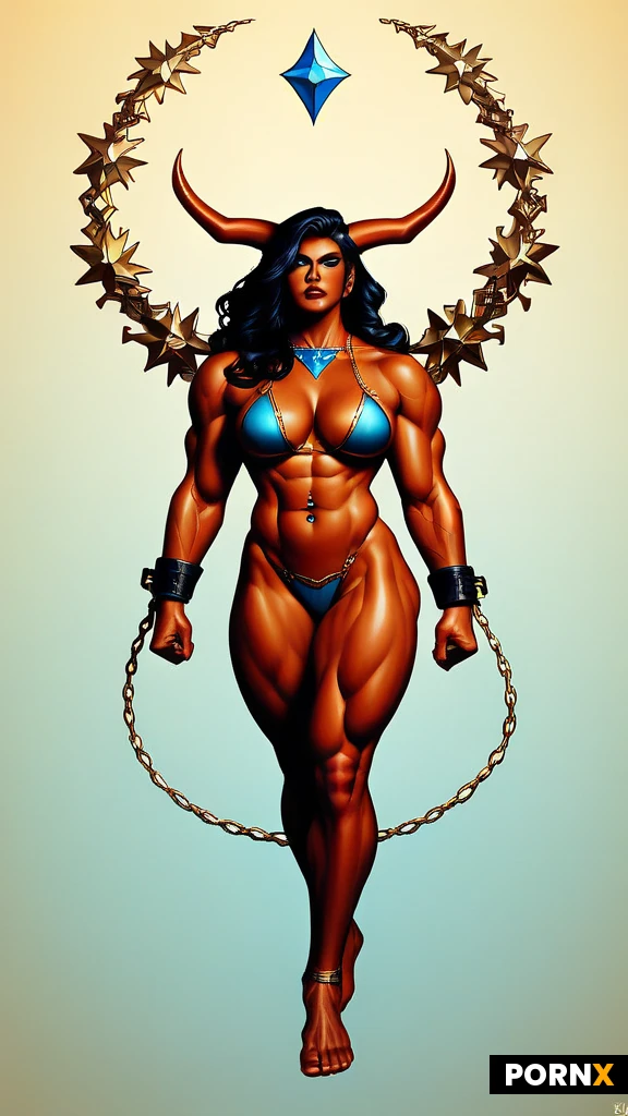 Full-body, head-to-toe portrait of Revian, an adult fantasy woman with rich warm-brown skin, a powerful athletic hourglass build, broad shoulders, defined arms, sculpted abdominal muscles and strong thighs. She has an angular oval face, high cheekbones, almond-shaped luminous blue eyes, a straight nose and full dark lips held slightly parted. Her expression is intense and commanding, chin slightly lowered, looking directly at the camera.
Long, centre-parted black hair falls past her waist in thick, softly flowing layers. Small dark metallic jewellery decorates the centre of her forehead, with a delicate blue gemstone navel piercing and a subtle dark tattoo on her right outer thigh. No head horns.
She wears an opaque muted steel-blue triangle bikini, with fine gold chain connectors and circular fittings at the hips. Her arms hang relaxed beside her body, hands open, wrists and forearms completely bare. No bracers, wrist guards, cuffs or projecting arm ornaments.
Grounded upright stance, feet slightly wider than shoulder width, one foot subtly forward, shoulders square. Polished realistic fantasy CGI, finely textured skin, detailed hair strands, satin fabric, deep sculpted shadows and controlled glossy highlights. Neutral lighting preserves her natural colours. The entire figure and both feet are visible, with space above her head and below her feet.