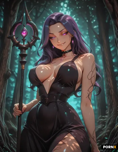 A voluptuous adult woman with a curvy MILF figure stands confidently in an enchanted forest