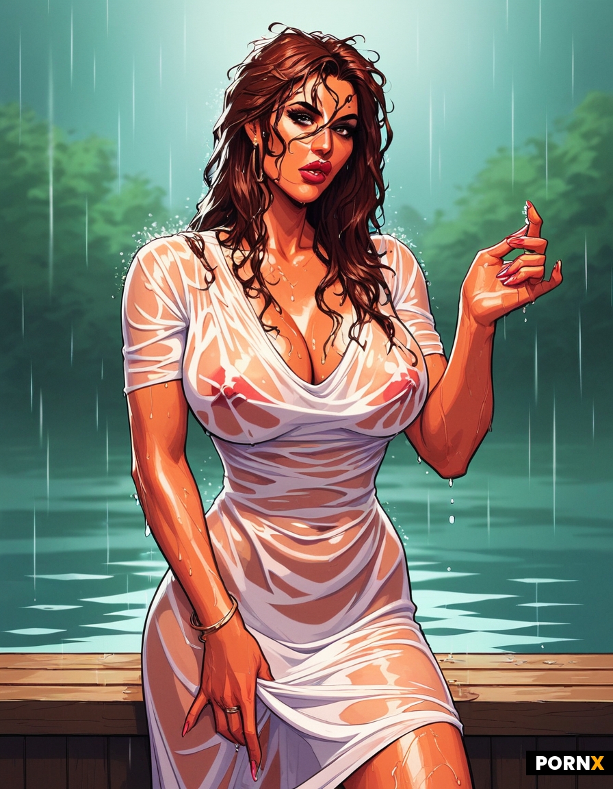 Indian bimbo sexy curves centerfold hour glass body long wavy messy hair wearing thin floral summer 