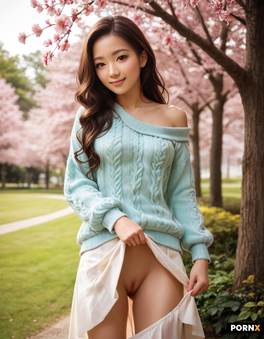 A lovely 20-year-old Korean woman with soft features standing while pulling up her skirt