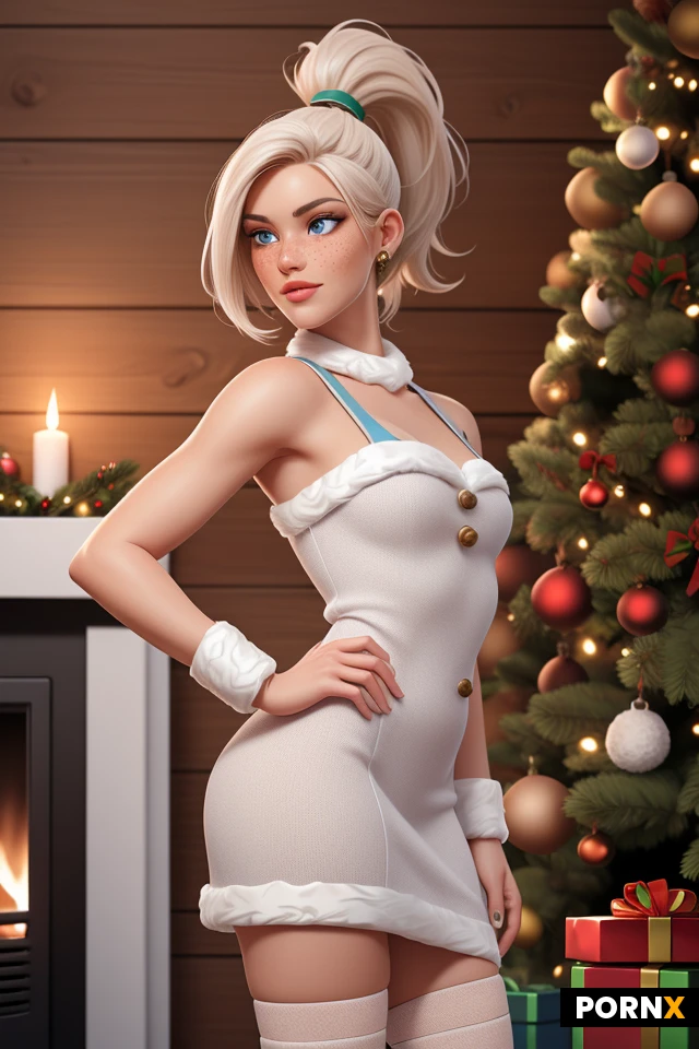 Stunningly Beautiful Woman, 28 years old, Fit, Perfect legs, Blue eyes, Beauty face, Cute face, (Freckles:1.1), Full lips, Seductive smirk, Platinum blonde hair, Ponytail, (Straight hair:1.3), Medium breast, (Shaggy breast:1.2), Christmas dress, (Thigh high socks), In wooden cabin, Model pose, Fireplace, Christmas tree, Christmas, Santa Claus, Ultra detailed face, Ultra detailed eyes, Ultra detailed lips, Ultra detailed legs, intricate details, Photorealism, (Realistic:1.2), 8k Resolution, (Clear image:1.4), Closeup portrait, Side view