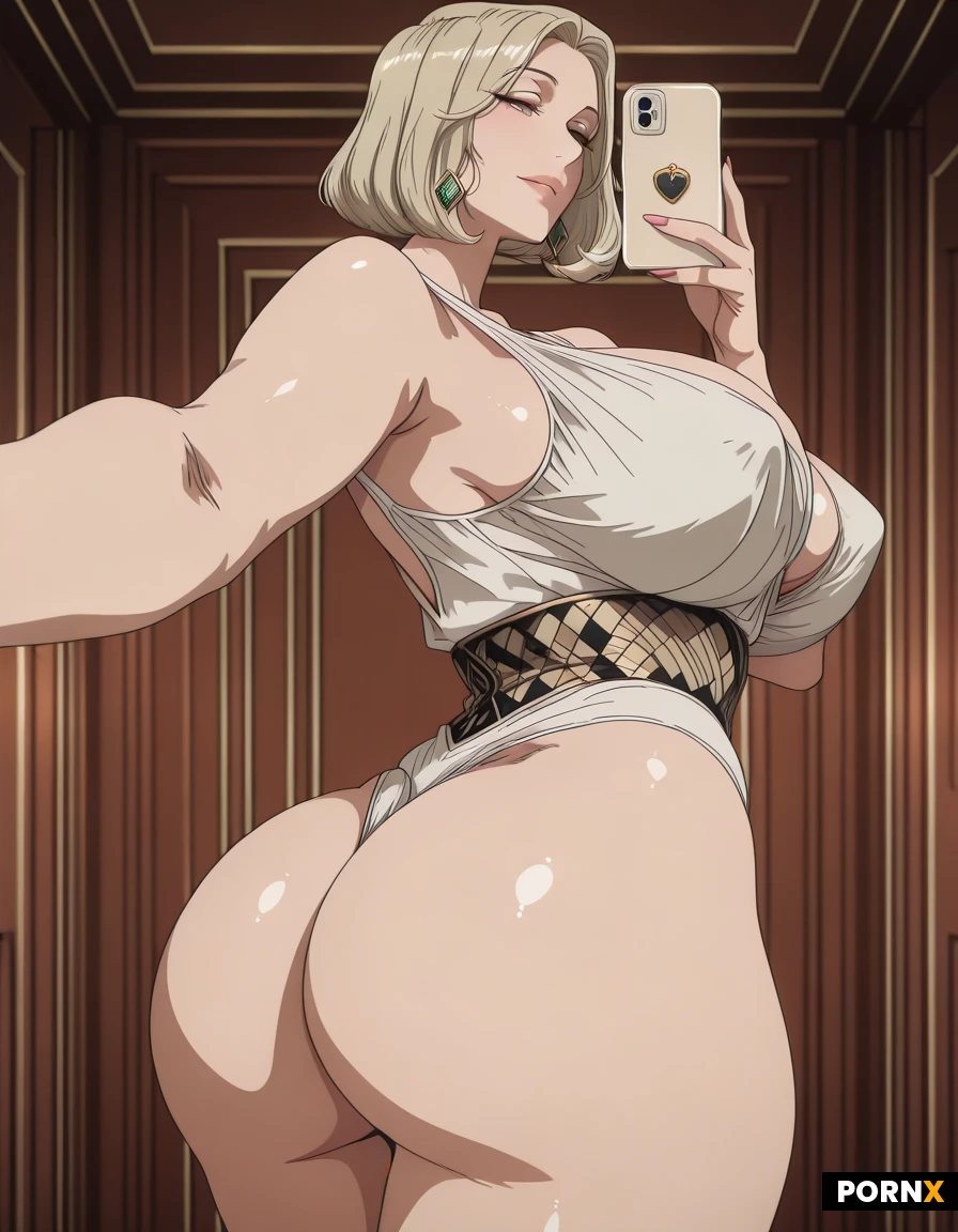 Sexy mature adult female blonde woman with huge tits, thin, a voluptuous frame, huge ass and massive thighs taking a close up selfie