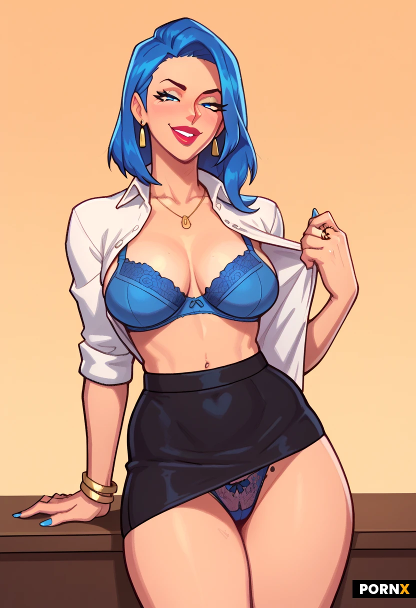Fit body, small frame, blue hair, blue eyes, blue bra and panties, black skirt, white button up blouse, naughty face, realtor, long straight hair,