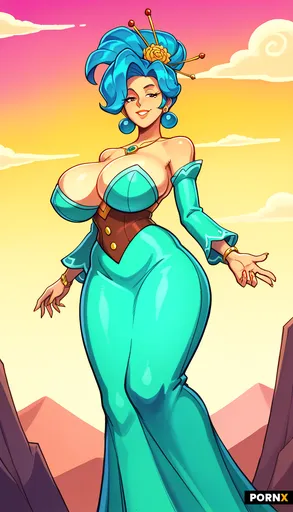 An elegant adult woman with cascading aqua-blue hair that shimmers like seafoam