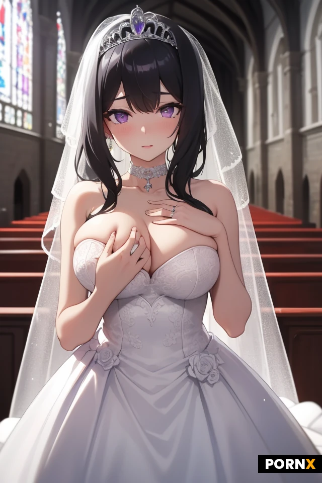 asian, black and white two toned hair, white tiara, long ponytail, purple eyes, white choker, wedding dress, large breasts, cleavage, one hand one chest, church wedding veil.
