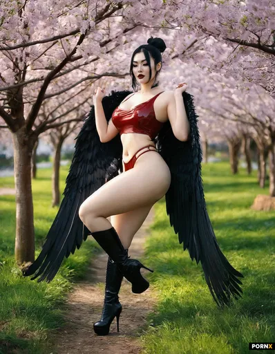 A stunning 18-year-old Korean woman with sleek black hair gathered into a high bun