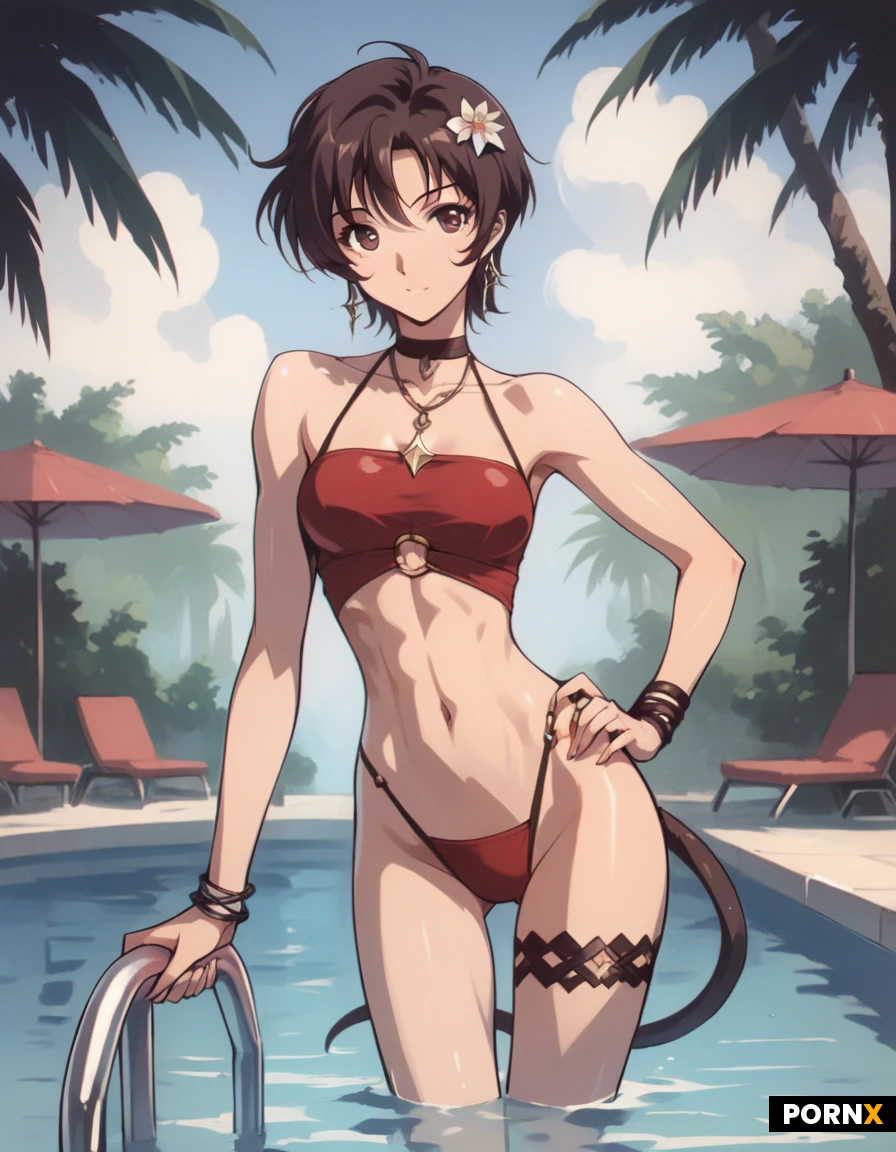 sexy attractive cute anime lady, 18:3, beautiful athletic nymph, soft cute face:1.5, cute:1.5, athletic, natural curves, human tail, sexy tail, sexy g-string, cute big round booty:3, slim sharp waist, short, extremely cute:3, fit girl, aroused, sexy fit hourglass figure:1.3, short:1.4, cute idol, adorable:1.5, thigh gap, anime, view from behind, arched back, dynamic angle, pool party, sexy close-up