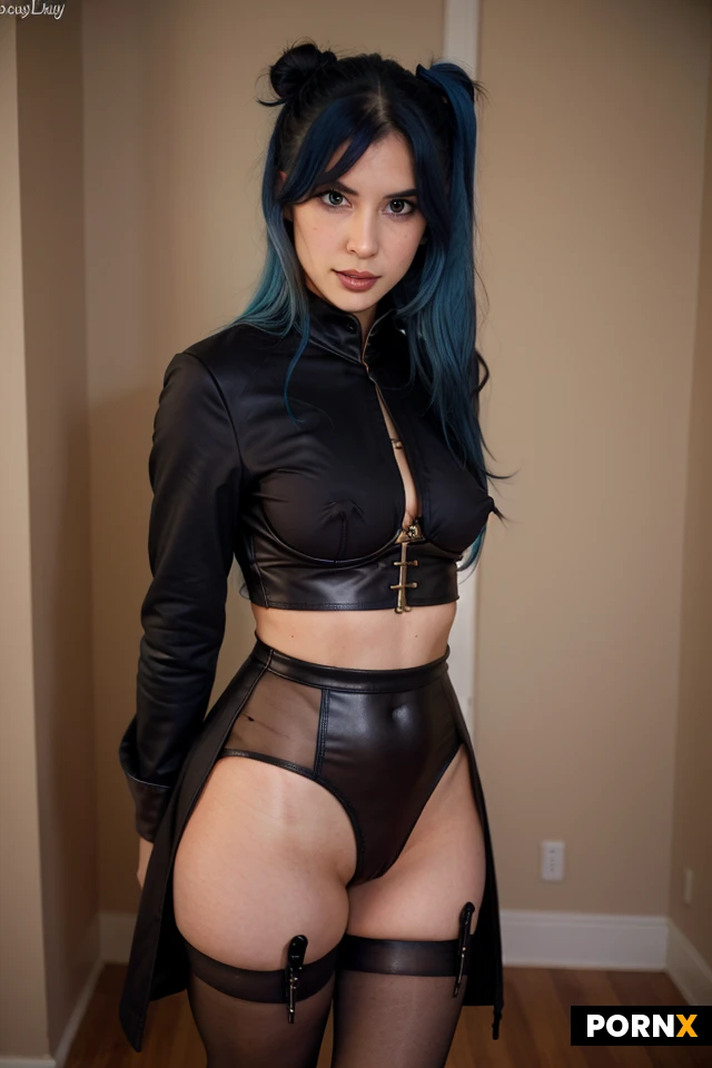 Woman, One, 18 Years old, Spanish, Demon, Fit, Rounded breasts, Natural breasts, Rounded ass, Small ass, Small nose, Horny face, Blue hair, Long hair, Hair bun, Narrow jaw, Long eyelashes, Seductive smirk, Stockings, Ninja costume, Tunic, Tailcoat, Nylon stockings, Leggins, Leather costume, Cosplay, Naked