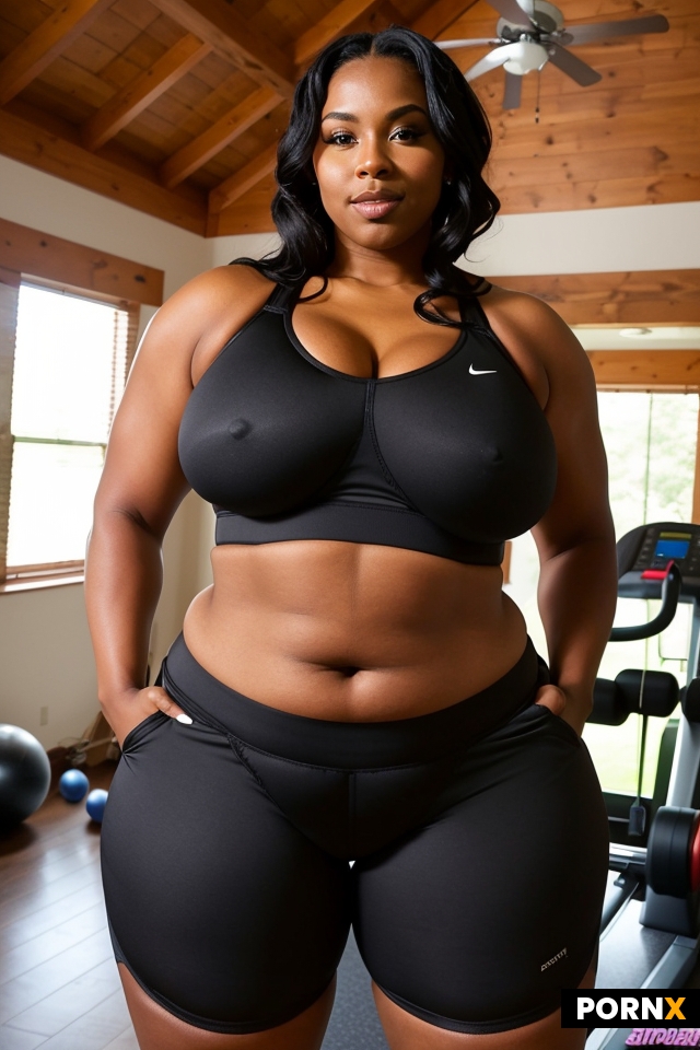 sexy black bbw milf in home gym wearing tight sports bra and sports shorts