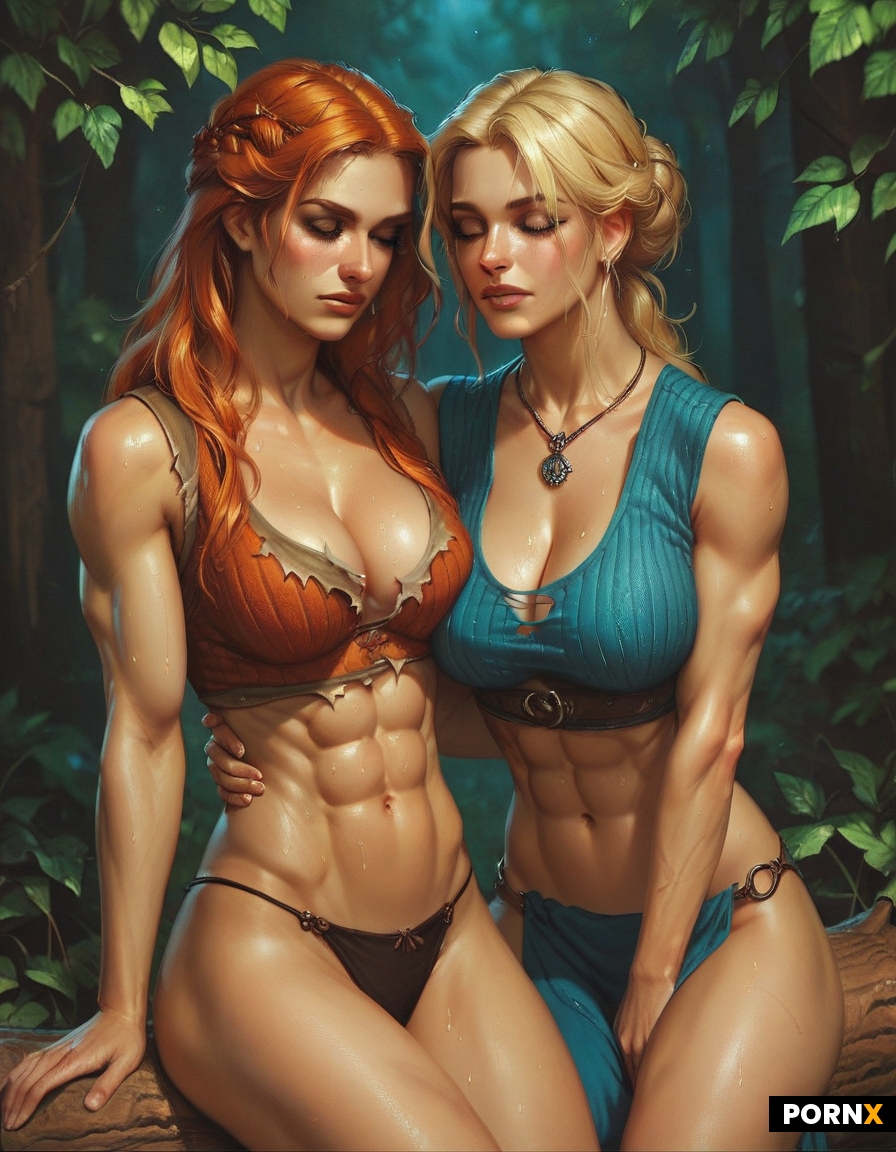 Blonde and redhead women sitting on a medieval log in a forest at night wearing ripped loincloth and
