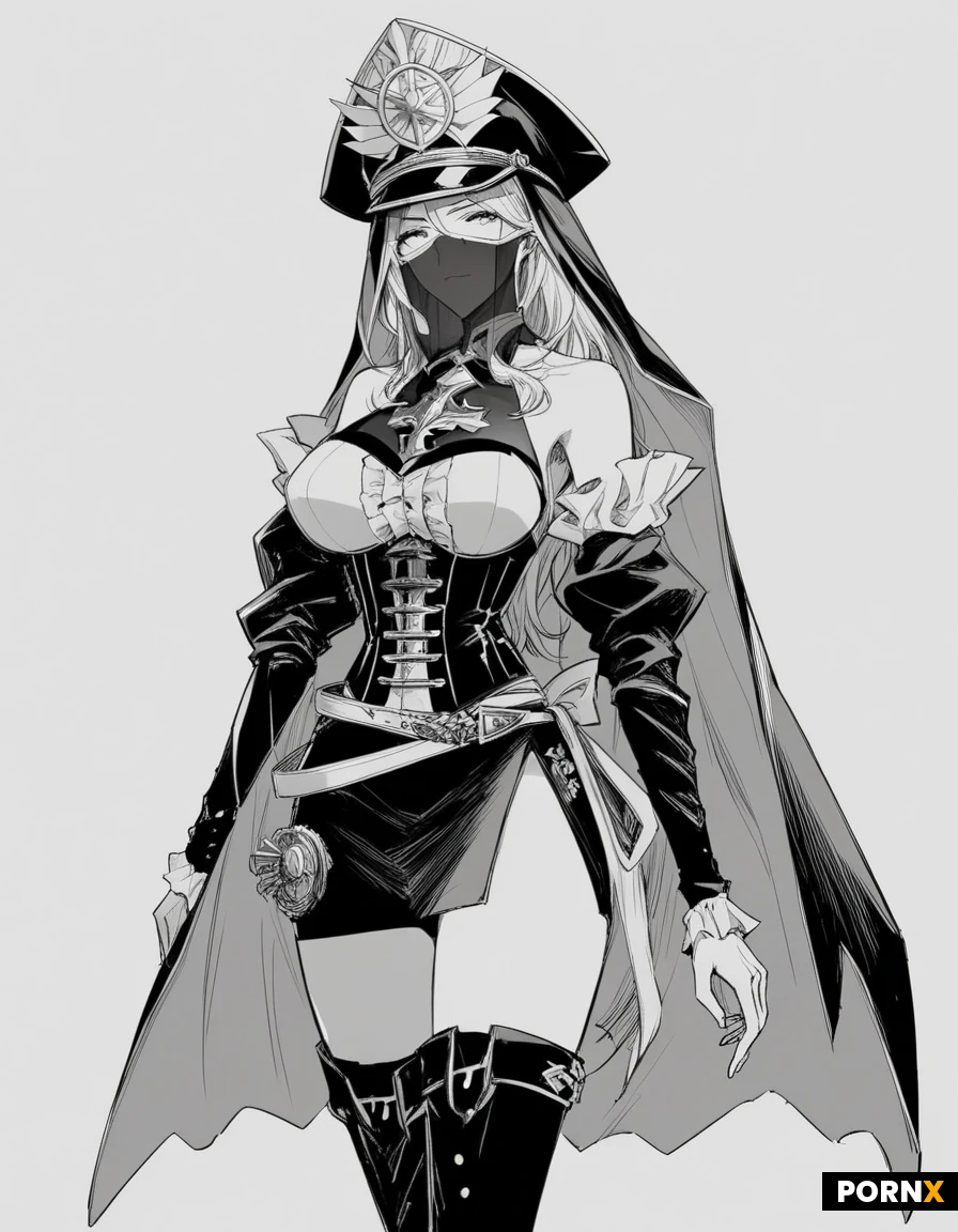 Rendered in vibrant MOE anime style with crisp linework, glossy cell shading, and rich, desaturated colors. vector.black and white Sketch,high_Quality_eyes,high_Quality_image,high_detailed_image,high_detailed_face,fantasy,(MOE_anime_style).Fitted bodice / corset-style bodice — the blue-and-white upper section,
Deep V neckline,
Off-shoulder / shoulder-draped sleeves,
Long detached sleeves with fitted cuffs,
High-waisted design,
Asymmetrical split skirt / open-front skirt,
Long cape or mantle attached around the shoulders,
Decorative waist belt / cincher,
Metallic medallion ornaments around the waist,
Tabard-like front panels,
Thigh-high stockings or thigh-high boots underneath the split skirt,
Tall military-style peaked cap,
Long veil/fabric panels falling from the back of the hat,