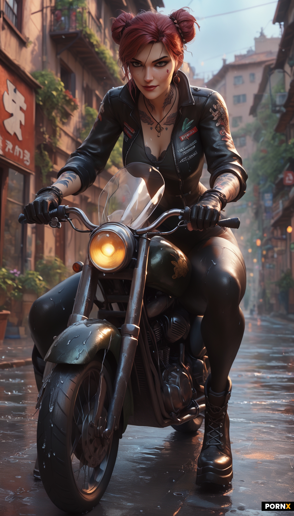 Skinny 18 year old Woman with Biker Outfit