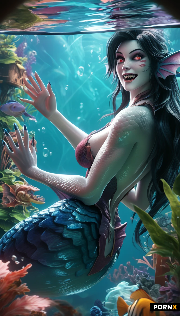 8k definition, super realistic, horrified mermaid, curved body, dark long hair, red eyes, pale white skin, with fin and scales, large_breasts, fangs, long and sharp fingernail, fish scales, fish fins on arms and back of body, look at viewer, she is leaning against the glass wall of a huge glass water tank, (tank is full of water:1.3), background,( large glass water tank in research lab:1.5), full of water, computer, monitors, electrical device, detailed face, view from distance,