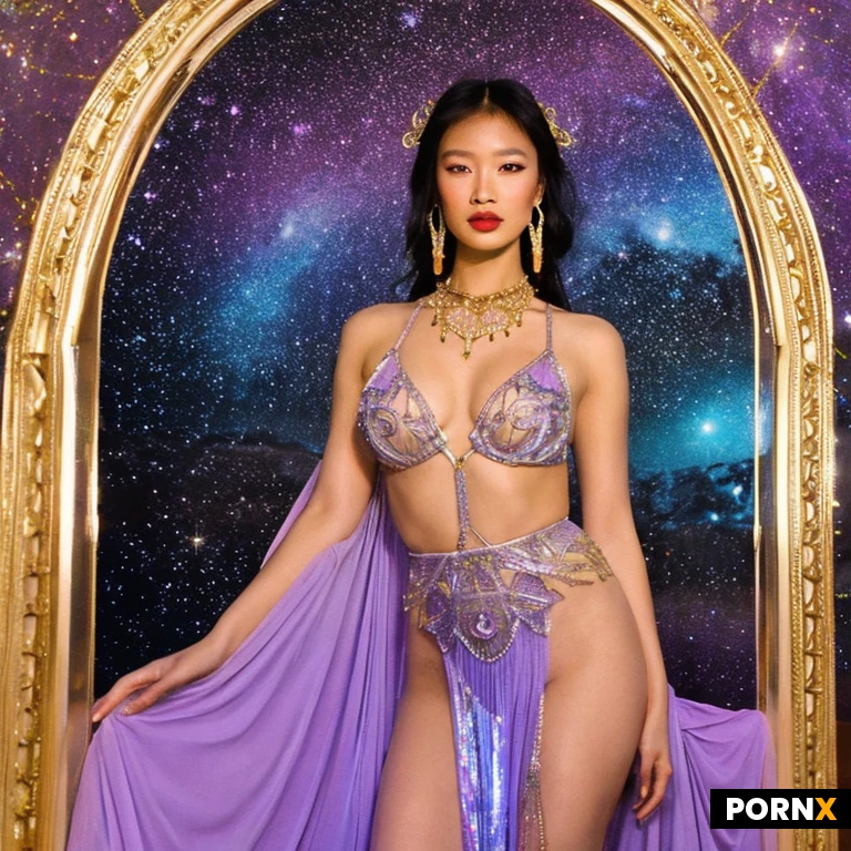 Woman, One, 20 Years old, Filipina, Polynesian, Brazilian, White, Thick, Small breasts, Perfect ass, Long eyelashes, Busty lips, Naked, Full body, Warm light, Fit thighs, Dark light skin, Seductive pose, Tanned skin, Asian, Horny face, Wearing an extravagant alien-princess ensemble made from iridescent violet crystal, holographic fabric, polished gold filigree, and sapphire gemstones. The upper garment features sculpted crystalline cups in shifting purple, blue, pink, and gold tones, framed by delicate metallic branches, jeweled chains, and narrow ornamental straps. Fine crystal strands sweep across the torso and connect to an elaborate V-shaped jeweled waist piece. The lower garment is a matching high-cut iridescent bodysuit with angular crystal panels, gold edging, sapphire accents, delicate hip chains, and shimmering gemstone fringe. Flowing translucent violet drapes extend from the hips like a ceremonial royal train, reflecting turquoise and magenta light. Accessories include a jeweled forehead ornament, crystal earrings, an intricate sapphire necklace, gold upper-arm bands, delicate bracelets, and luminous body jewelry. She is inside a luxurious alien palace aboard an advanced spacecraft, surrounded by curved silver architecture, panoramic windows, glowing violet control panels, crystalline decorations, and polished metallic surfaces. Beyond the windows is an enormous blue-violet planet, distant mountains, stars, colorful nebula clouds, and floating celestial particles. Cinematic purple, blue, and pink lighting, realistic crystal reflections, luminous gemstones, atmospheric depth, sophisticated extraterrestrial architecture,