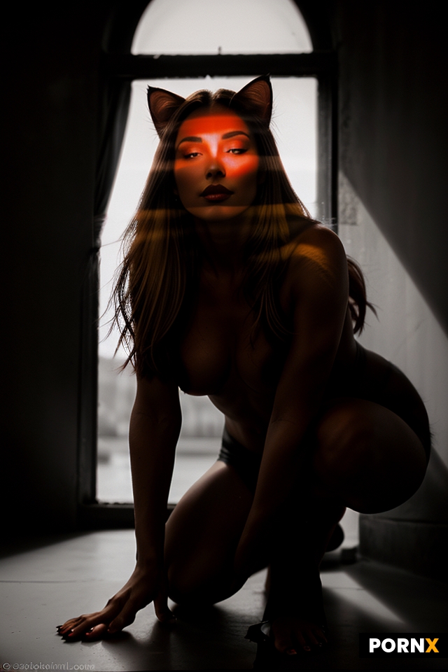 The black and white photograph shows the blurred silhouette of a blonde as catwomen with bright red 