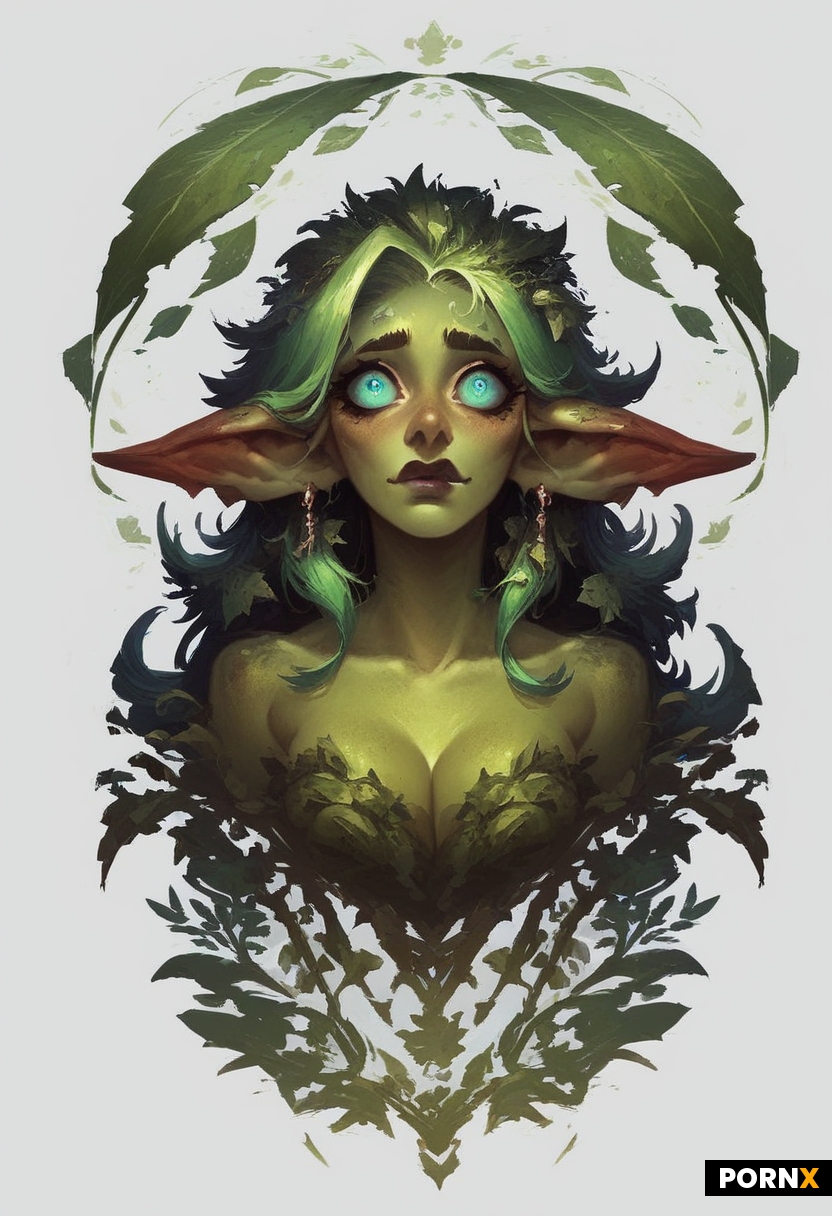 concept-art painterly + goblin-girl + big cute eyes + pale green skin + green leafs hair + white bac