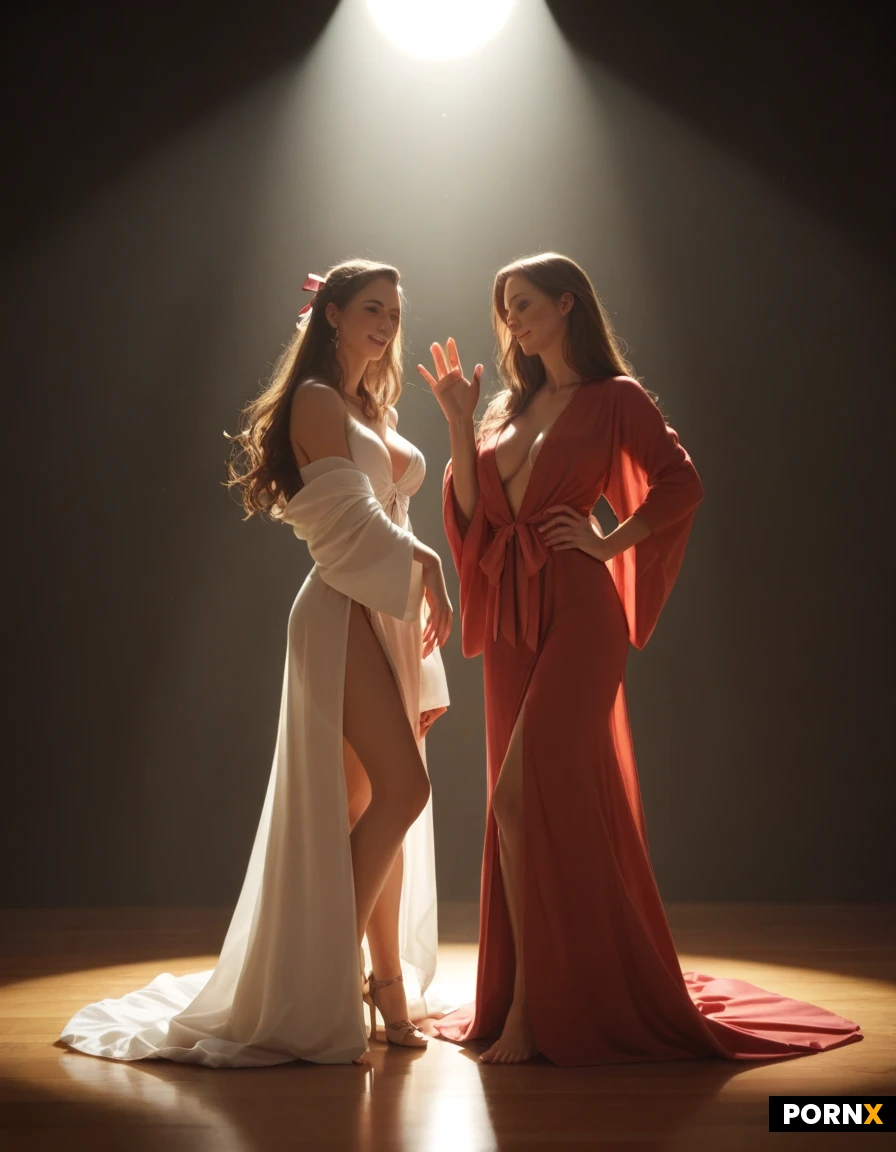 Two women in their early 20s with long hair which reaches halfway down their backs are standing in a spotlight on a stage, dancing gracefully together. They are wearing long, robes which are colourful but transparent, and they are naked underneath. They are waving colourful ribbons.