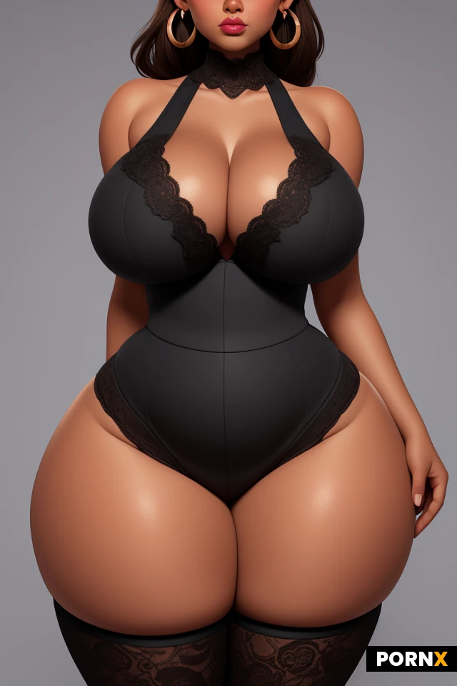 woman, short stature, dark skin, light brown hair, lots of makeup, thick black eyeliner, thick lips, plump lips, earrings, (thick thighs:1.2), (curvy:1.5), (thick:1.25), (voluptuous:1.25), (enormous breasts:1.35), tight, busty, firm, perky, (wide hips:1.5), (narrow waist:1.35), lipstick, bright eyes, large eyes, lace, seductive