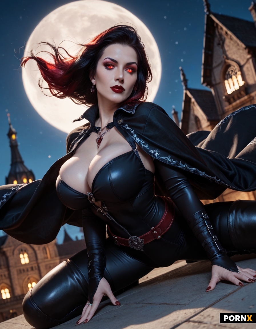 sexy female vampire huntress gothic cathedral rooftop full moon night setting leather bodysuit silve