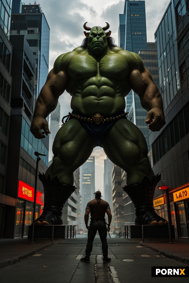 cool male ogre standing outside in city near buildings