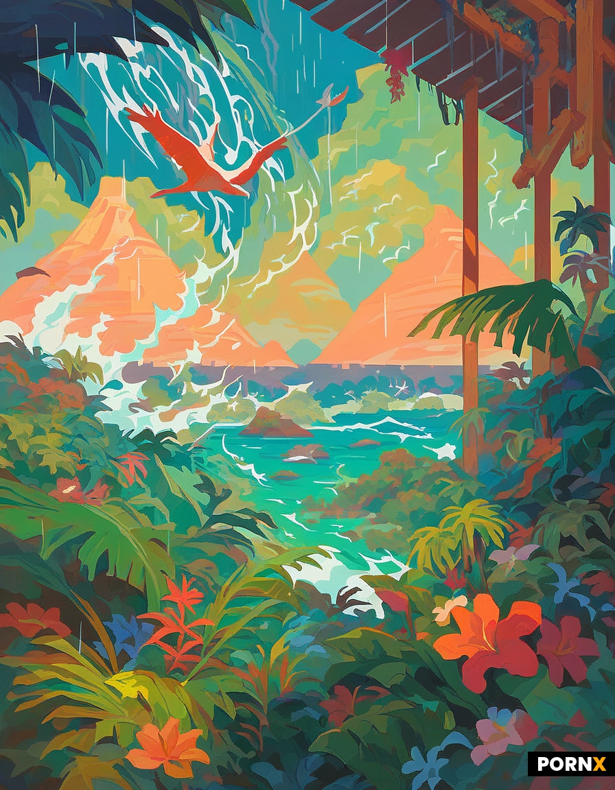 Rain falling on a tropical volcanic island