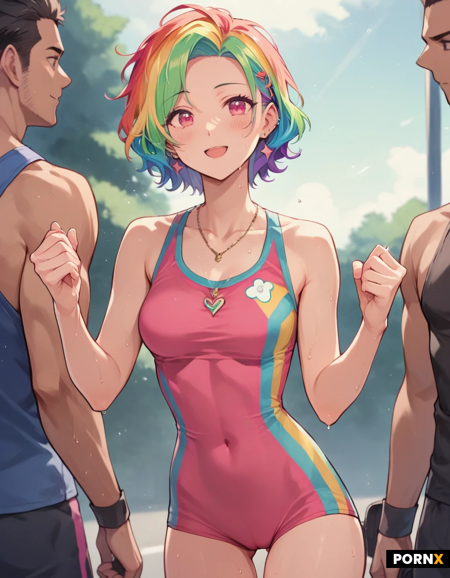 sexy attractive cute anime lady, man, woman, 2 people, beautiful athletic nymph, soft cute face:1.5, cute:1.5, tight detailed skin:2.0, natural curves, short pretty hair, cute casual athletic-wear, cute firm booty, perfect thighs, slim sharp waist, petit, cute idol, adorable:1.5, thigh gap, anime,energetic and carefree and messy and wild, exercising, amazing athlete, cute sexual couple, he rubs her inner thighs, super horny and sexual, intimate couple scene, wet groin, sexual arousal,