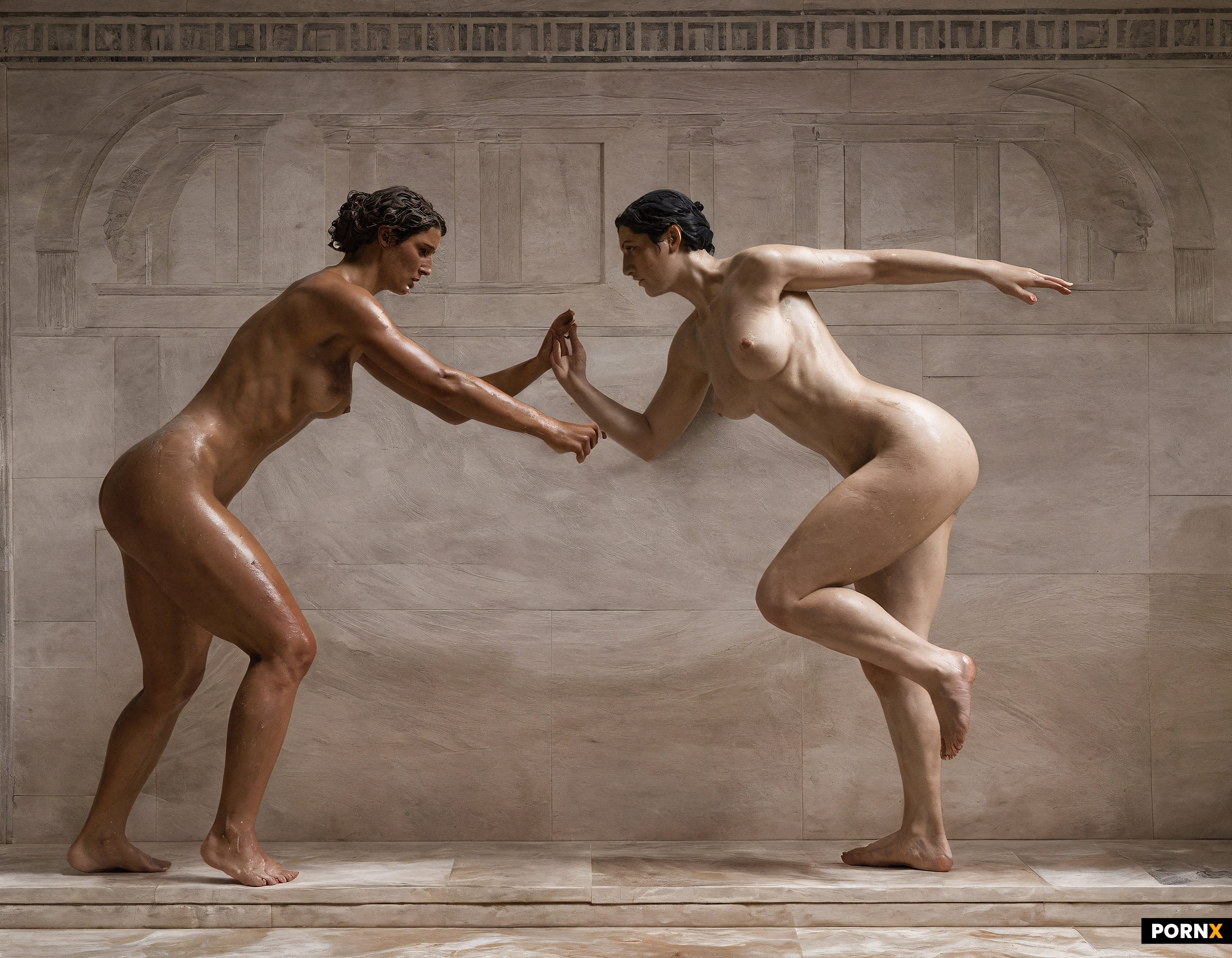 Two strong naked female Olympic athletes wrestling