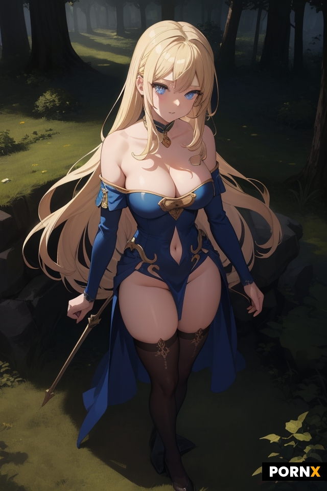 genere moi une femme blonde dans une tenue style medieval sexy dans une foret styles animé