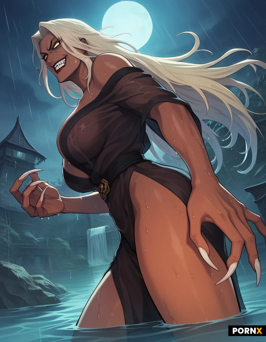 WOMAN, ONE, MATURE, 60, DARK SKIN, LONG BLONDE HAIR, GRAY HAIR, WET HAIR, SLICKED HAIR, CUTE, EVIL GRIN, LETHAL, FIT, DARK SKIN, STANDING, WET BODY, LAGOON, OASIS, OCEAN, DARK SWAMP, LAKE, BATTLEFIELD, JAPANESE CARTOON, IN WATER, WET HAIR, SAVAGE FEMALE, BATHING FEMALE, BOUNCING TITS, LONG FINGERNAILS, SHE WANTS ME TO COME IN THE WATER WITH HER, WORSHIP MY PUSSY!, EVIL, ANGRY, WICKED, CLAWS SQUEEZE MY BALLS, LURING ME IN, NIGHTTIME, DARK SKY, MOONLIGHT, BLACK ROBE, SHEER ROBE, WET ROBE, NAKED BODY UNDER WET ROBE, LOW ANGLE, RAIN, ALPHA FEMALE, VICIOUS QUEEN, EVIL WITCH, FOGGY, MIST, EVIL GRIN, HALLOWEEN, CREEPY, MONSTROUS, SIDE VIEW
