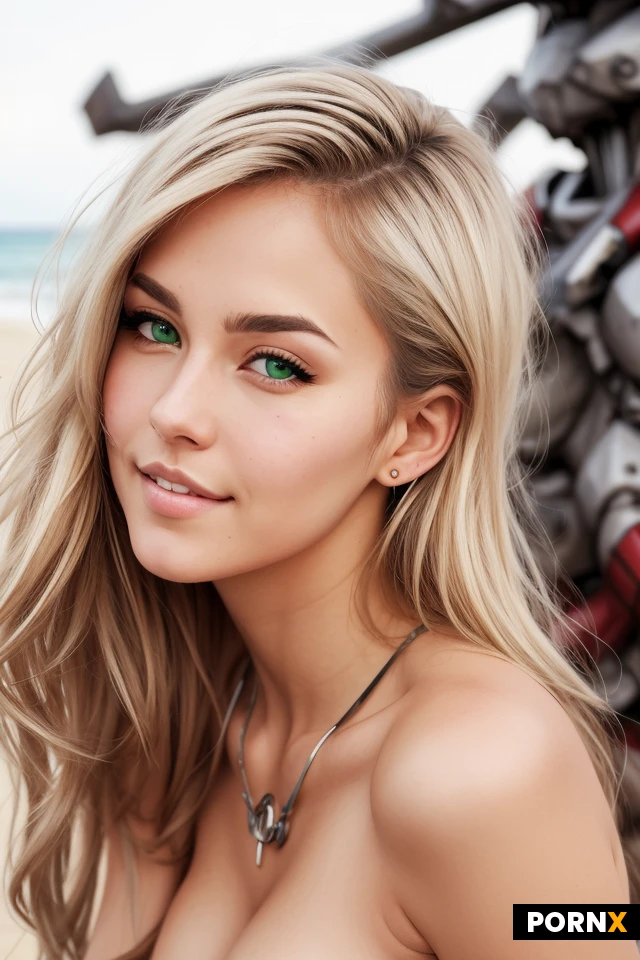 Woman, Wide jaw, Sharp nose, 2D, John Berkey, Model pose, Blonde hair, Beach, Naked, Tunic, Mechanical, Tanned skin, Oiled skin, White, European, German, Laurie Greasley, Cute face, Piercing, Fit, Medium hair, Kinky hair, Messy hair, Straight hair, Posuka Demizu, Seductive smirk, Green eye color, Closeup Portrait, Skinny, Marvel style, Sketch lines, Realism, Fairy, 20 Years old, Two people