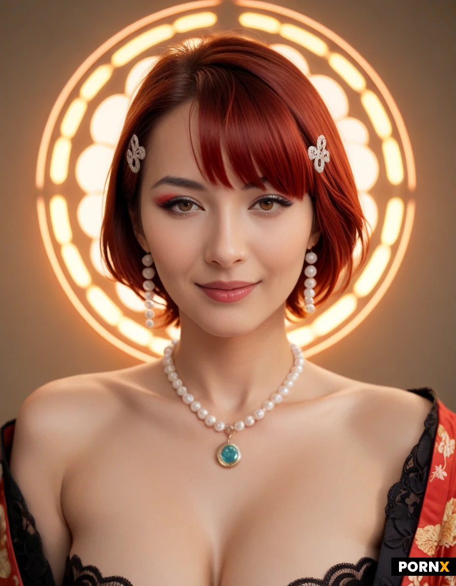 A close-up portrait of a young-East Asian woman with a short black bob and straight bangs, sharp winged eyeliner, looking down at the camera with a subtle smile. She is wearing a patterned traditional garment and a red fuzzy hair clip with hanging-pearls. Warm reddish-orange ambient lighting, glowing circular ring light in the background, cinematic, photorealistic, sharp focus, high detail --ar 1:1 --v 6.0