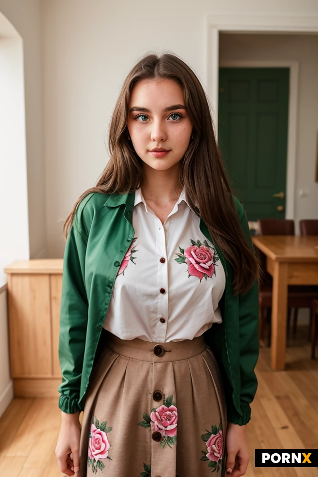 british 20-year-old girl.wide face with a sharp nose and green eyes.long messy brown hair.eye makeup.jacket and a button-up shirt.long skirt with a rose design.skinny but chubby body with firm tits .inside a house