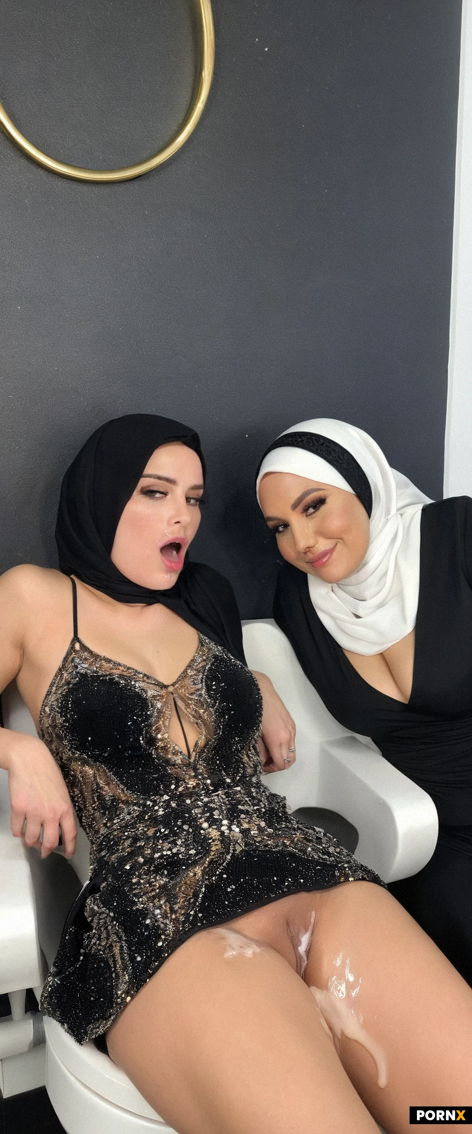 18 years old,two females, Body Slightly Overweight, 8K definition, sperm on face and body, arab, hijab, dress, amateur style, perfect small asshole, laying, small saggy breasts, Two people,toilet nightclub