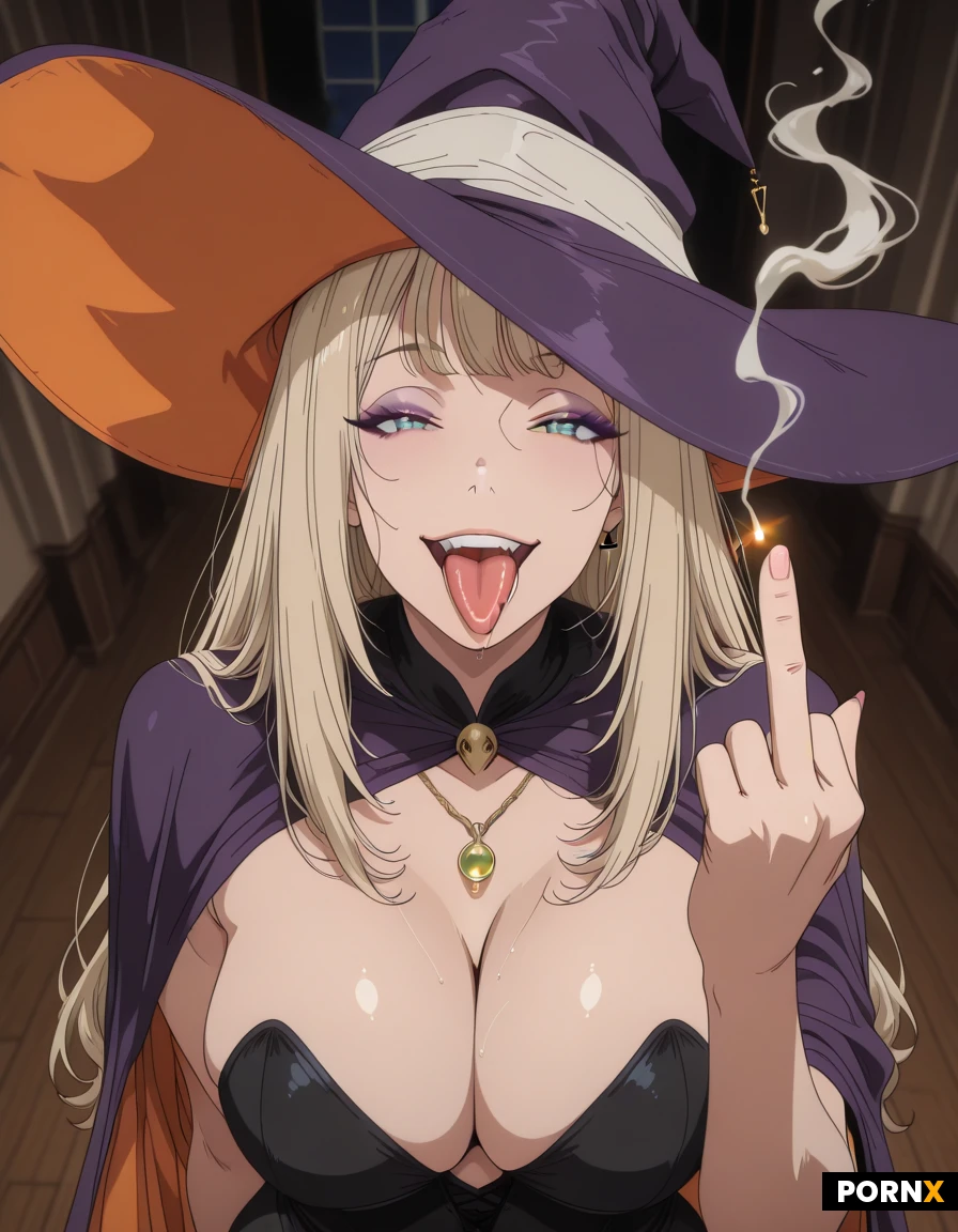 GRACE instantly transforms from a buxom blonde woman into a witch, her big breasts and orange witch cape materializing seamlessly. She smiles broadly, her lavender eyeshadow catching the light, and sticks out her tongue playfully. With her middle finger extended, she flips the bird at the viewer, her arm moving fluidly from her side. She takes a deep drag on her cigarette, inhaling deeply as wispy smoke curls around her face. GRACE exhales slowly, her chest rising and falling with each breath, then blows a perfect smoke ring that hovers in the air. She finishes smoking, taps the cigarette against her witch hat, and lets out a satisfied sigh, her golden necklace glinting as she leans back slightly. The pendant suspended from her necklace spells GRACE in five gold letters. Finally, she raises her free hand to the camera, her gold pendant catching the light, and says happily, "Paris! Happy Halloween! Fuck yeah!" The word "FUCK!!!" appears as a bold caption above her head.