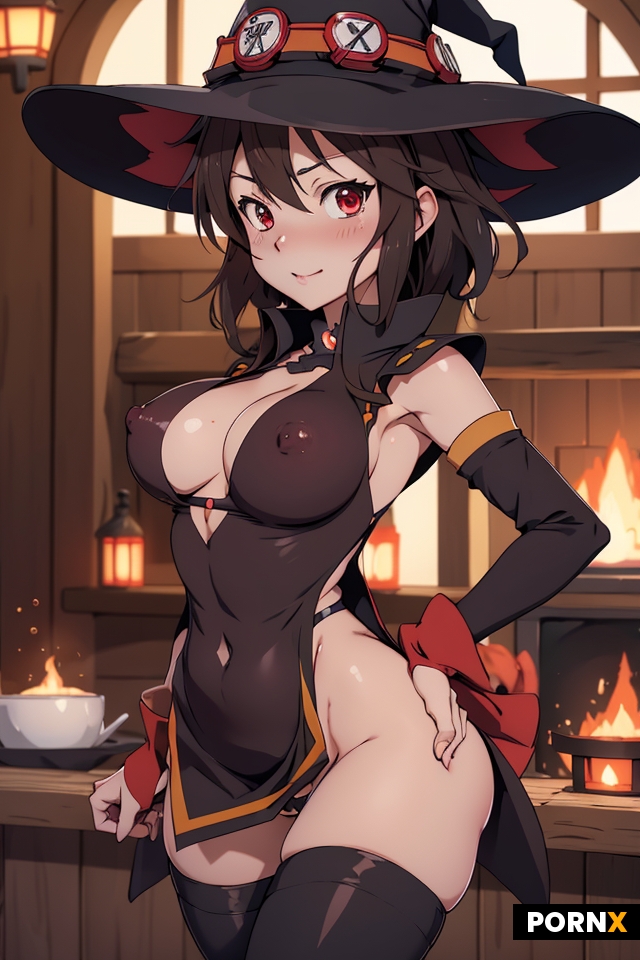 Konosuba anime megumin bubble butt bib nipples skimpy slutty witch hat red skinny