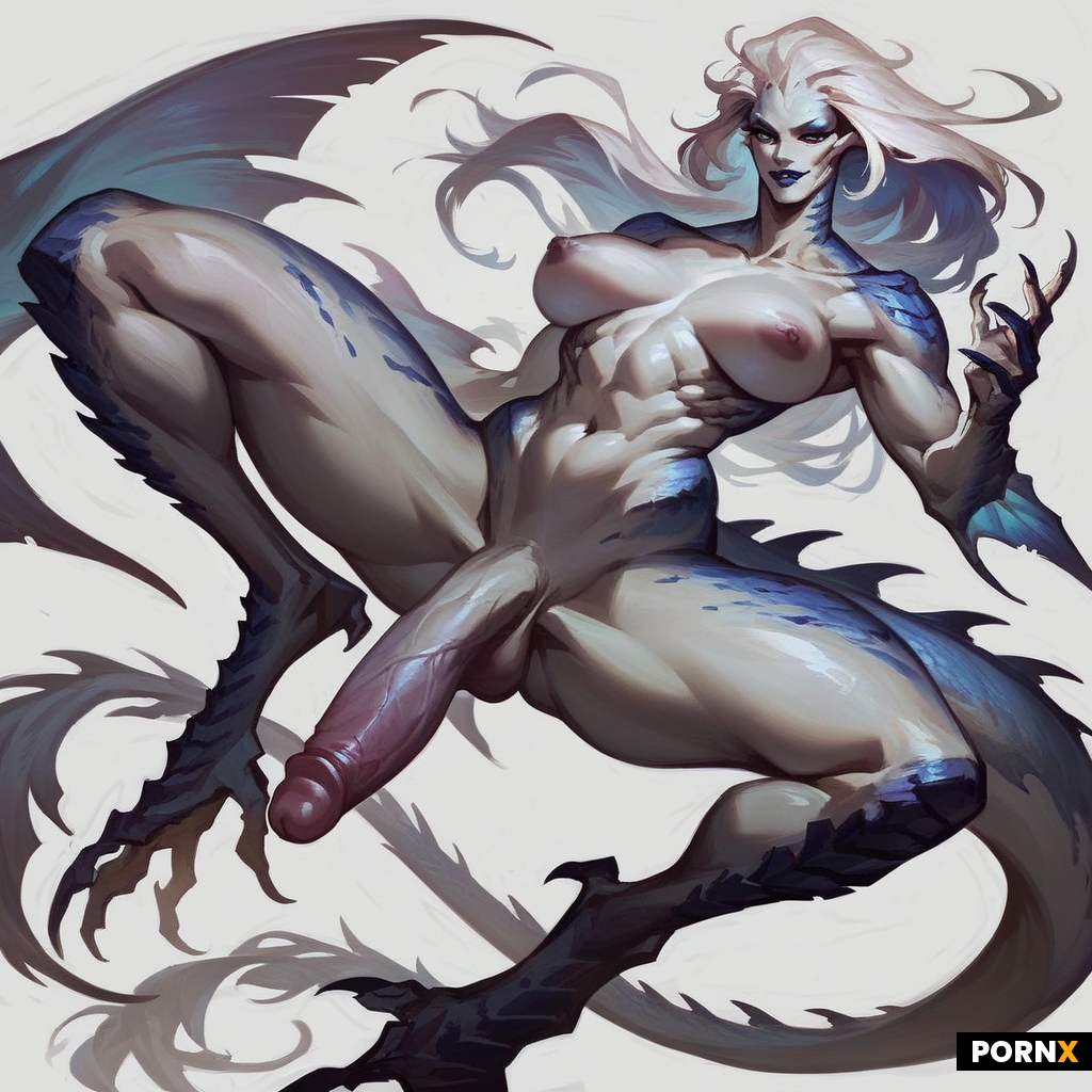 concept-art oil-painterly + white alien skin + futa giant penis + white hair + white background + na