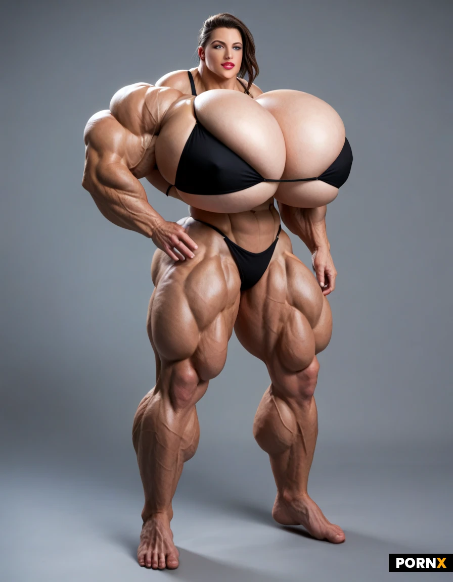 Full body sideview image of a ultimative Super mega muscular female hyper muscle bodybuilder supermodel, in her 20s, super slim tiny waist, incredibly mega exaggerated huge boobs, ultra detailed, high resolution, anatomically accurate, perfect fingers, perfect anatomy, (hyper extreme colossal breasts: 1.49999), her soft floppy drooping natural breasts spill down to her sides, breasts drop to the sides of her chest, hyper massive breasts, breasts hypertrophy, disproportionately(gigantic colossal hyper breasts: 1.49999), unrealistic breasts size, giant expansion breast, extremely huge voluptuous breasts, massive breasts, bodylong hair, straight super long golden hair, exaggerated long hair, super defined sixpack which shows every single ab absolutely ripped and defined, perfect hourglass figure, super mega thick mammoth tree like muscular legs, perfect face, feminine face, female facial features, perfect facial features, ultra sexy face, natural face, realistic face, perfect muscular hourglass, Bright green eyes, Extrem exaggerated muscles, ultra hyper massive muscle, expansion muscles, musle goddess, wearing a black bikini, perfect skin, ultimate muscles, super long legs, massive muscles, overgrown hypermassive muscles, mega muscles, giganteque muscles, beyond female musle-goddess, mega muscles overgrowth at leg and abs, ultra exaggerated overgrown leg muscles, hypermassive expanded leg muscles, disproportionately(gigantic colossal hypermuscular legs : 1.9999), (defined muscles: 1.9)