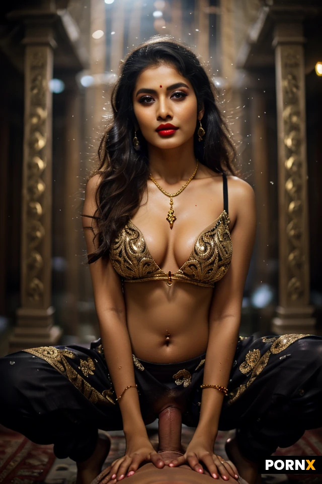 Small size dark Indian woman, 20s, dark skin, pretty face, curved body, look at viewer, makeup, eyeline, red lip, red bindi on the forehead, maang tikka jewelery, black braid hairstyle to the chest, jewelry golden necklace, long earring, multi golden ring bracelet, big breast, indian pant, more jewelry on her body, cowgirl position, sit on a man's thick cock, penis is in pussy, vaginal penetration, sweaty body, can see sweat drops, background indian temple, stone carving, stone statute, detailed face, detailed eye, dynamic angle